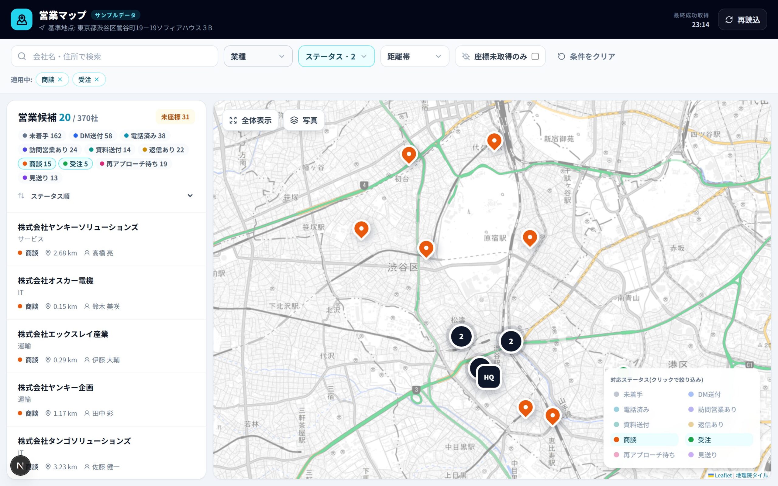 ステータスを「商談」「受注」で絞り込んだ画面。該当する会社だけが地図と一覧に表示されている